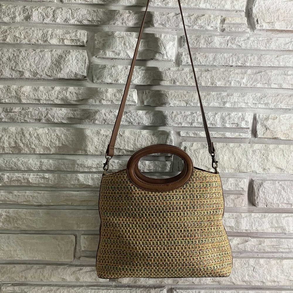 Fossil Woven Straw Leather Crossbody Handbag Multi Color 75082 Boho Tote - Picture 2 of 16